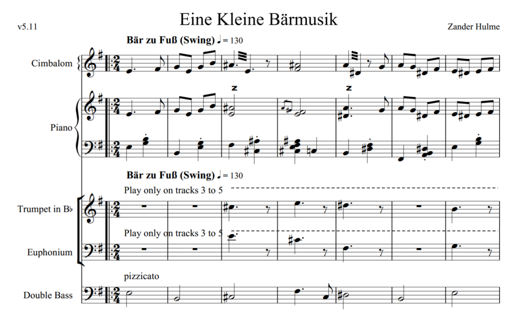 Figure 2: excerpt from adaptive score for Eine Kleine Bärmusik (Hulme, 2015)